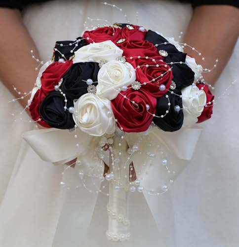 Ujicde Romantic Wedding Bouquet Bridal Bridesmaid Round Bling Brooch Bouquet Throw Toss Artificial Rose Flower Bunch with Sparkle Rhinestone Crystal Decoration(Red Black+Ivory,Dia. 6.3"*16cm) - color: Red Black+ivory, size: Dia. 6.3"*16cm