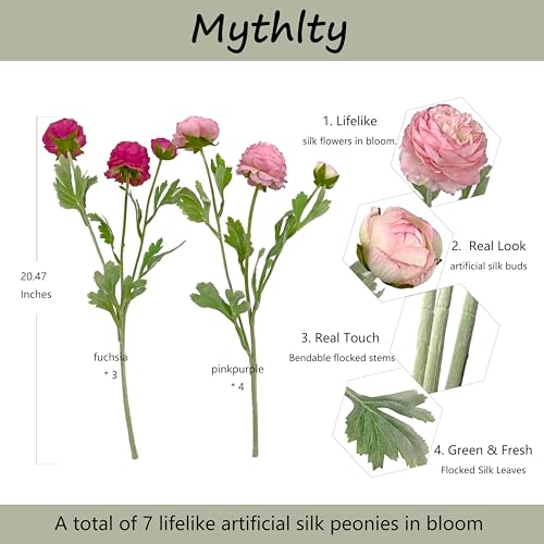 7 pcs Peony Artificial Flowers with Stems, Faux Pink and Hotpink Peonies Stem for Vase, Silk Ranunculus Flowers Arrangement for Home Office Farmhouse Wedding Party Decorations - color: Pink+hot Pink