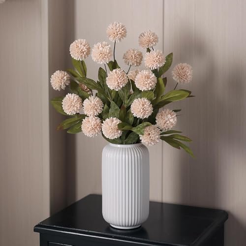 VIERENA 12 Pcs Faux Silk Pompon Mum Artificial Flowers for Vase -27", Bulk Fake Chrysanth Branches with Stems for DIY Bouquet Centerpieces Wedding Fillers Arrangements Shower Decorations (Beige) - color: Beige