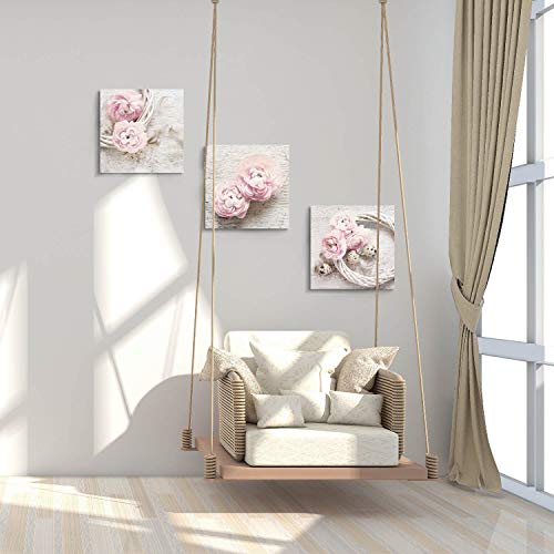 Hardy Gallery Floral Picture Canvas Wall Art: Pink Peony Flower Wreath Photographic Prints for Decor (12”x12”x3pcs) - color: Pink picture, size: 12'' x 12'' x 3 Panels