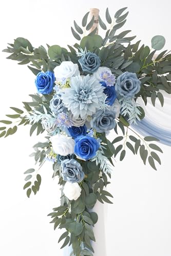 Deluxe Wedding Arch Flowers with Drapes Kit Pack of 4, 2pcs Blue & Grey Hanging Silk Flowers Arrangement 2pcs Chiffon Drapes for Ceremony Arbor Party Outdoor Decor - color: Blue & Grey