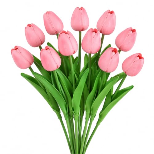 10 Pack Tulips Artificial Flowers PU Faux Flowers Fake Tulips for Home Kitchen Wedding Dining Table Decorations Mother's Day Easter Valentine's Day Decor (Pink) - color: Pink