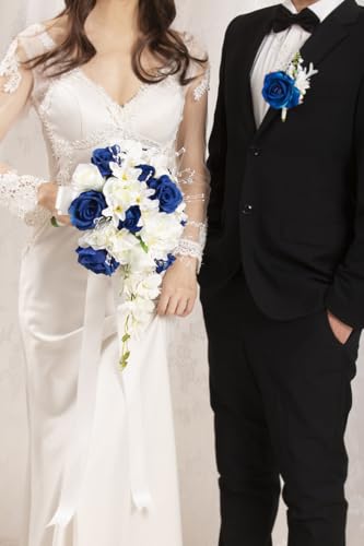 Bridal Bouquet Cascading, Royal Blue & Ivory Wedding Bouquets for Bride Bridesmaid 10" Artificial Flowers Bouquet for Wedding Decor - color: Royal Blue & Ivory