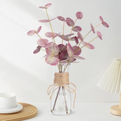 Artificial Eucalyptus Stems in Glass Vase with Faux Water, 15" Realistic Fake Plants for Bathroom Counter Decor, Small Faux Greenery for Coffee Table Centerpieces, Office Desk and Shelf Decor - color: Double-sided Red Eucalyptus