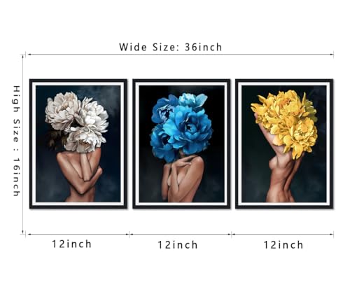 3 Piece Abstract Canvas Wall Art Sexy Women Nude Posters Wall Decor Girls with Colorful Flowers Head Prints Artwork for Living Room Bedroom Bathroom Hotel Framed Ready to Hang 12x16inchx3pcs - color: Art01, size: 12x16x3Pcs Black Framed