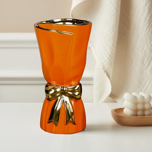 Orange Ceramic Vase for Flower, Modern Decorative Vase with Bow, Minimalist Tall Vases for Home Decor, Living Room, Console Table, Fireplace, Kitchen Decor 11 Inch - color: Orange, size: 11 inch