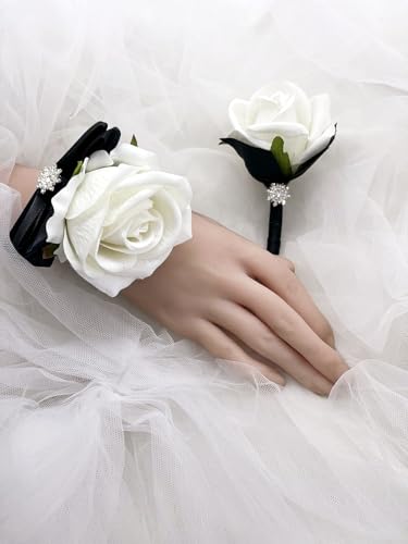 Ting & Cecilly Rose Wrist Corsage Boutonniere Set Artificial Flower Corsage Boutonniere with Satin Ribbon Rhinestone Decor Handmade Silk Flower for Prom Wedding Party Suit Decor (Black) - color: Black