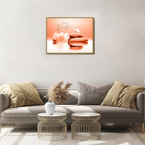 LB Zen Wall Art for Bathroom White Floral Bloom in Water Abstract Canvas Wall Art Wall Paintings Home Decor Orange Butterfly Wall Pictures for Living Room Bedroom Office Ready To Hang,17x12 Inch - color: Orange, size: 12"L x 17"W