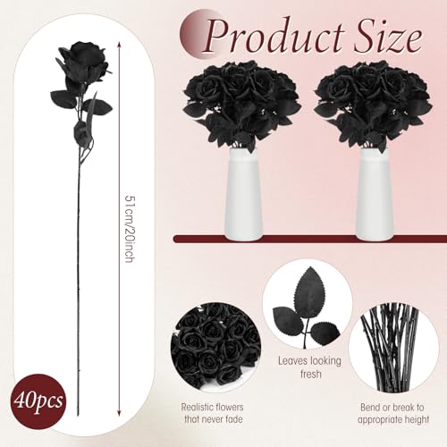 Hotop 40 Pcs Rose Artificial Flowers Bulk with Long Stem,Realistic Silk Fake Roses Bouquet for Home Wedding Centerpieces Party Table Decoration Valentines Gifts(Solid Black) - color: Solid Black