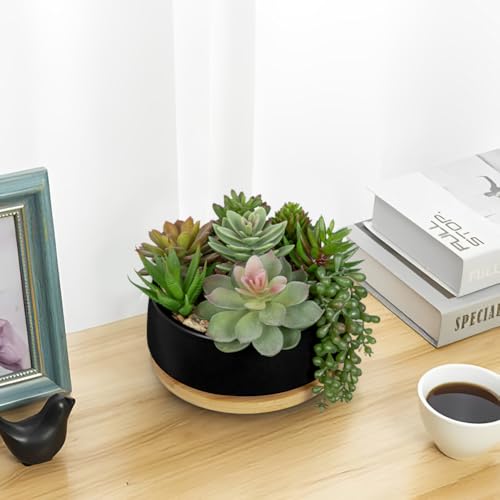 Artificial Succulent Plants in Pot 5.5 Inch Fake Succulents Arrangement Potted Plant in Black Ceramic Planter Bowl with Wood Saucer for Home Office Desk Shelf Living Room Bedroom Bathroom Decor - color: Black Ceramic With Saucer#style 2