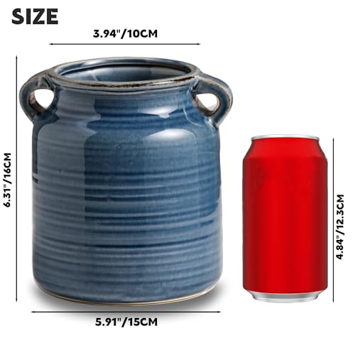 Ceramic Rustic Distressed Blue Flower Vase for Centerpieces, Kitchen, Office or Living Room (5.9''x6.3'') - color: Blue, size: 5.9''x 6.3”