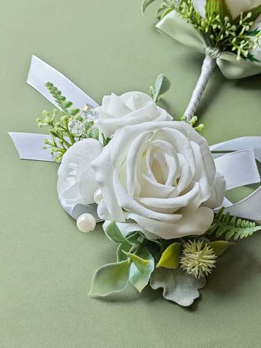 Corsage and Boutonniere Set with White Roses for Bride, Groom, Bridesmaids Groomsmen Weddings, Proms, Homecomings. Perfect Party Suit Decor Wedding Flowers Accessories (White) - color: White