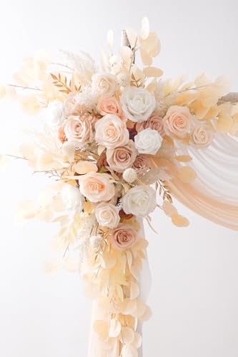 Deluxe Wedding Arch Flowers with Drapes Kit Pack of 4, 2pcs Champagne & White Eucalyptus Hanging Silk Flowers Arrangement 2pcs Chiffon Drapes for Ceremony Arbor Party Outdoor Decor - color: Champagne & White Eucalyptus