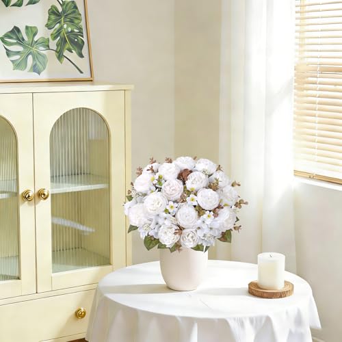DEMIUKO 2PCS Peonies Artificial Flowers,White Faux Peony Bouquet Fake Silk Flower for Vase Faux Floral Arrangements Plastic Flowers for Farmhouse Home Kitchen Table Centerpiece Party Wedding Decor - color: White, size: 2PCS