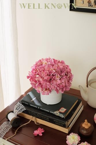 Pink Hydrangea Fake Flowers in Vase, Spring Artificial Flowers with White Ceramic Vase, Small Faux Potted Floral Arrangements for Home Bathroom Kitchen Vanity Shelf Coffee Table Centerpiece Decor Gift - color: Hydrangea, Pink