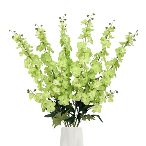 6Pcs Delphinium Artificial Flowers 37.4’’ Faux Silk Larkspur Flowers Long Stem Artificial Flowers for Tall Vase Table Home Wedding Party Garden Decor(Green) - color: Green