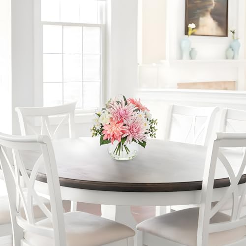 Briful Fake Flower Arrangement in Glass Vase, 11" Faux Dahlia Silk Flowers Centerpiece Table Decorations Pink Mixed Floral Bouquet for Home Office Dining Room Coffee Table Wedding Decor - color: White Pink