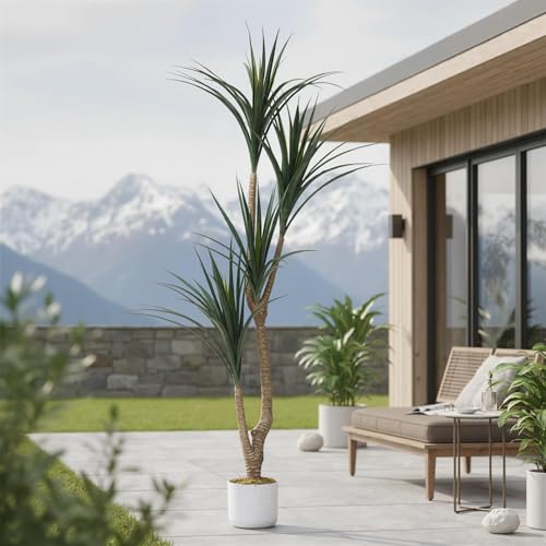 5.4FT Tall Artificial Dracaena Tree in White Pot, Evergreen Faux Dragon Yucca Plant Tree, 65in Tall Indoor Fake Yucca Tree Decorative Potted Floor Plant, for Living Room Entryway Porch Office