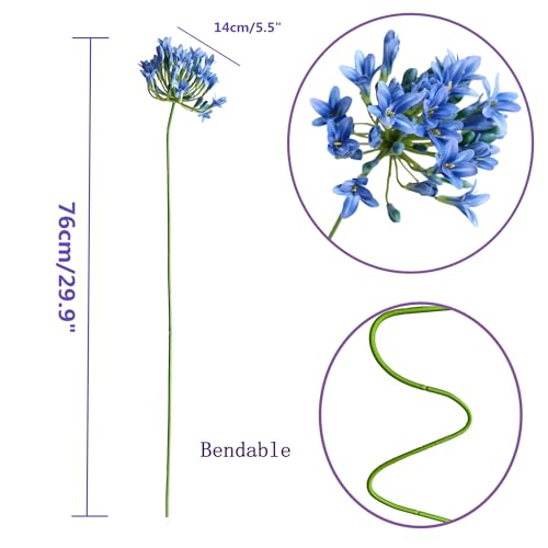 Htmeing 6PCS Artificial Agapanthus Flowers Long Stems Silk Lily Flowers for Home Hotel Flower Arrangement Party Decor (Blue) - color: Blue
