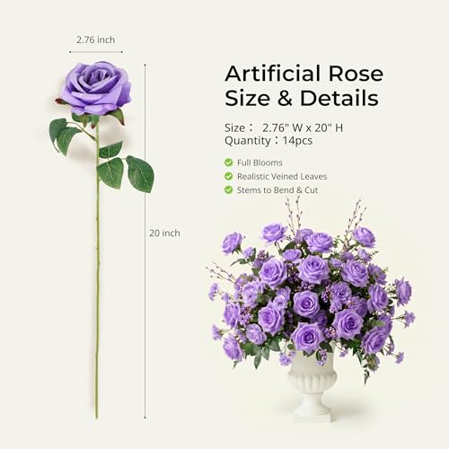 Auihiay 14PCS Purple Artificial Roses, Realistic Silk Fake Roses Flowers with Long Stem for Mother's Day, Wedding Centerpieces, Spring Home Decoration & Party DIY Floral Arrangements - color: Purple