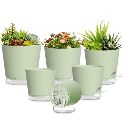 Plant Pots 4/5/5.5/6/6.5/7 Inch Self Watering Pots, 6 Pack Plastic Planters with Drainage Holes and Clear Saucers,Plastic Flower Pots,Nursery Planting Pot for Indoor Out Door Plants (Green) - color: Green, size: 4/5/5.5/6/6.5/7 inch