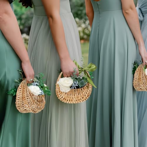 Taiyin Rattan Flower Girl Basket Small Half Moon Straw Wicker Basket with Handle Ideal for Wedding Flower Girl,Picnic,Garden Storage and Home Decor (Green Ribbon) - style: Green Ribbon
