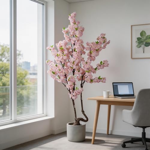7.2ft Tall Pink Faux Cherry Blossom Tree for Home Decor, Likelike Artificial Silk Flower Cherry Branches Tree Indoor Outdoor, Sakura Tree Realistic Fake Flowering Plant for Christmas Decor - color: Pink-ap16