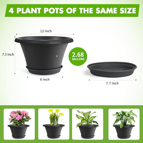 Quarut 12 Inch Pots for Plants,4 Pack Large Flower Pots with Drainage Hole & Saucer,Modern Planters for Indoor Outdoor Plants,Decorative Resin Garden Pots Black - color: Diamond Pattern-black, size: 12 inch-4 Pack