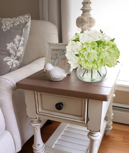 Hollyone White and Green Peonies Artificial Flowers with Vase Faux Flowers Peony Fake Flowers Silk Flower Arrangements in Glass Vase with Faux Water for Bathroom Table Centerpiece Shelf Home Decor - color: Peony, Green