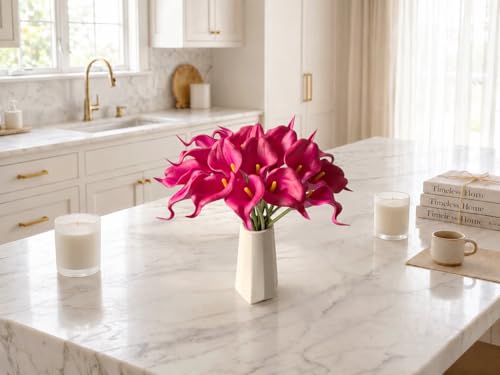 Mandy's 20pcs Hot Pink Calla Lily Artificial Flowers | 13.5 Inch PU Realistic Bouquet for Vase Elegant Home Decor Centerpiece Wedding Bridal Bouquet Table Decoration - color: Hot Pink