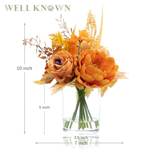 WELL KNOWN Artificial Flowers in Glass Vase, Orange Wrist Gold Silk Rose Peony Flower Bouquet with Fake Water for Fall Winter Home Dinning Table Wedding Christmas Party Lavatory Kitchen Decor & Gift - color: Orange Wrist Gold