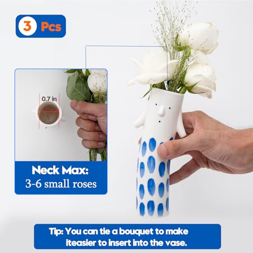 MOUGIGI Cute Family Face Vases Set of 3 - Unique Ceramic Bud Vases for Small Flower - Fun Modern Aesthetic Decor for Home - Pretty Decorative Flower Holder for Women and Kids for Spring - color: Family Vase Blue-3pcs