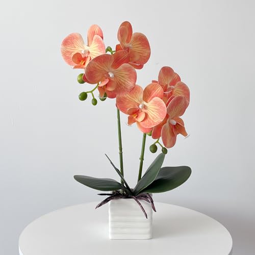 Artificial Orchids for Home Decor Indoor with Vase Orchids Artificial Flowers Orange Orchid Height 14 Inches - color: Orange