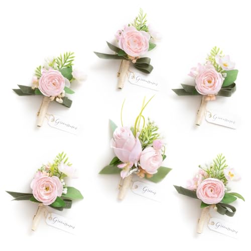 Ling's moment Boutonniere for Men, 6pcs Groom Groomsmen Boutonniere, Artificial Flowers for Wedding Decor/Prom/Homecoming, etc.Blush Pink - color: Pk-blush & Pink