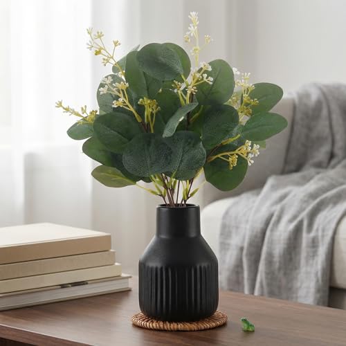 Artificial Eucalyptus Greenery Stems in Ceramic Vase,10Pcs Fake Plants Eucalyptus Leaves faux Plants for Centerpiece Table Decorations Home Room Decor office desk decor Greenery Decor indoor (Black) - color: Black