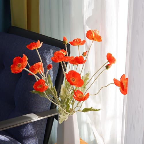 Artificial Flowers 5Pcs Poppies Flowers Artificial Silk Flowers for Home Office Wedding Outdoor Decor (Dark Orange) - color: Dark Orange