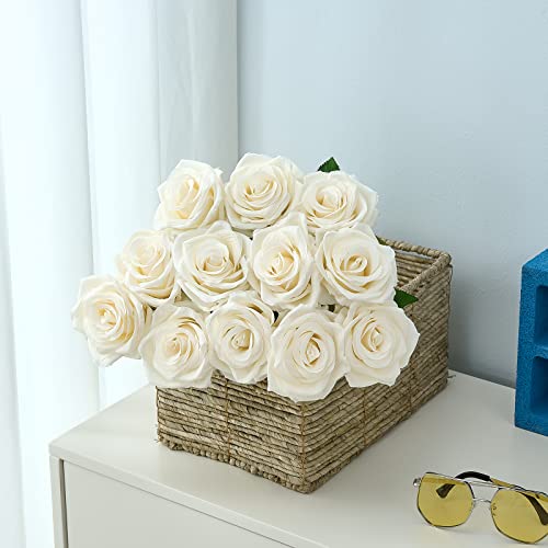 15pcs Ivory Roses Artificial Flowers Silk Fake Flowers Realistic White Roses Bouquet Long Stem for Wedding Home Party Birthday Decoration - color: 15pcs Ivory