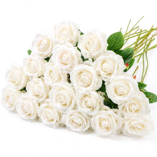 20 Pcs Artificial White Roses, Real Touch Silk Flowers for Home Decor, Wedding Centerpieces, Bouquets, Crafts & DIY Floral Arrangements, 20 Inches Tall