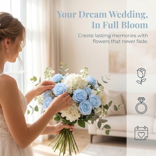 52pcs Light Blue Roses Artificial Flowers Fake Flowers Silk Roses with Stems for DIY Wedding Bouquets Bridal Shower Centerpieces Arrangements Party Decorations - color: Light Blue