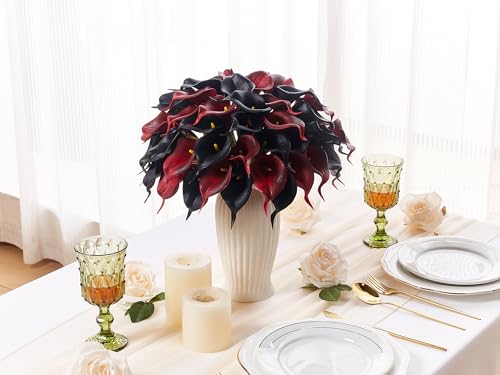 24 Pcs Artificial Calla Lily Flowers Fake Silk Flowers Real Touch for Halloween Wedding Bouquet Office Home Kitchen Decor (Black Red) - color: Black-red