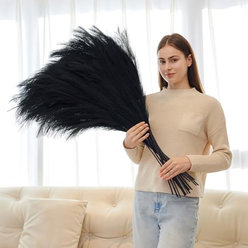 10 Pcs 39''/3.2FT Black Pampas Grass Large Tall Fluffy Artificial Fake Flower for Bedroom Boho Decor Floor Vase Filler Farmhouse Home Wedding Decor - color: Black