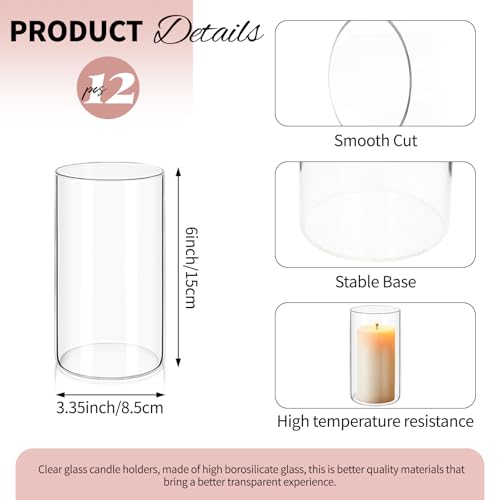12Pack Glass Cylinder Vases for Centerpieces 6 Inch, Flower Vase for Wedding Decorations, Floating Candle Holder Vase Bulk,Glass Hurricane Candle Holders for Table Shelf, Party, Home Decor - size: 3.35×6inch
