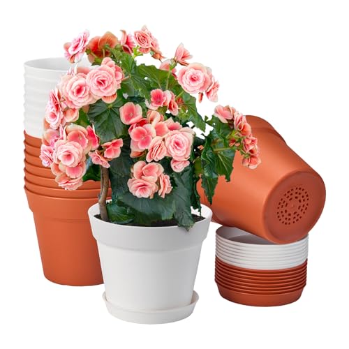 homenote Plant Pots,6 Inch Flower Pots for Plants Plastic Planters for Indoor with Multiple Drainage Holes and Trays, for All Home Garden Flowers Succulents,Outdoor(White&Red,16 Pack) - color: White & Terra Cotta-16 Pcs, size: 6 Inch