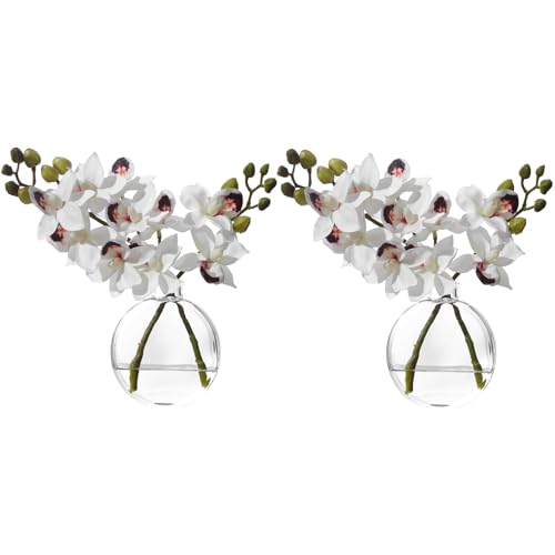 Artificial White Orichid Artificial Flowers in Clear Glass Water‑Filled Vase – Silk Fake Plants Table Centerpiece for Home, Shelf, Office & Dining Decor, Maintenance‑Free (2pcs White) - color: 2pcs White