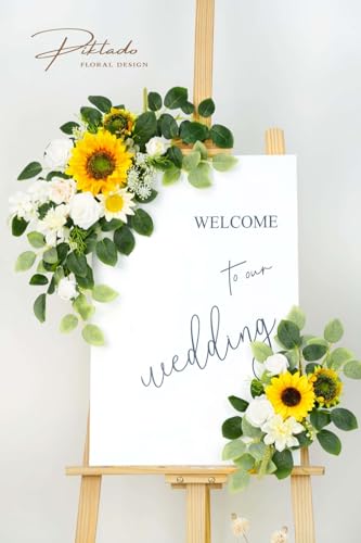 Wedding Decor (Pack of 2) Welcome Sign Flower Backdrop Garland for Ceremony Reception Wall Easel Home Decoration Entryway Faux Outdoor Board Head Table Decor (Sunflower) - color: Sunflower