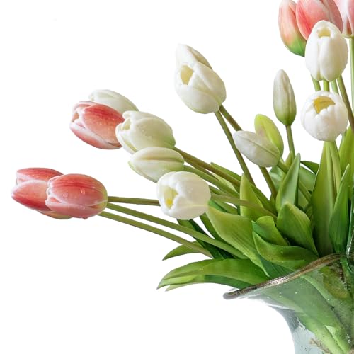 DUYONE 40Pcs Artificial Tulips Flowers, Soft Touch Realistic Latex Tulips Bouquet for Home Office Wedding Party Garden Decor, Fake Flowers for Dining Table Living Room Spring-B Coral Pink Set - color: B Style-40pcs Coral Pink Set(no Vase)