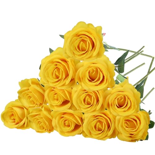 Felice Arts 12 Pack Yellow Spring Flowers Artificial Roses Silk Roses with Stems Fake Flowers Bouquet for Wedding Mother's Day Table Vase Home Office Kitchen Party DIY Decor - color: Yellow