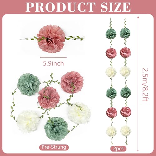 Sage Green Dusty Rose Pink Beige Tissue Paper Flowers Pom Pom with Leaf Ribbon Hanging Garland Streamer for Girl Safari Woodland Jungle Baby Shower Birthday Wedding Garden Party Decorations Supplies - color: Dusty Pink Green