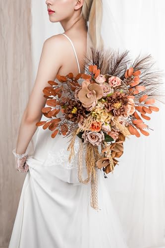 Lisuun Wedding Bouquets for Bride, 16 Inches Wedding Flower Bouquet, Silk Round Bridal Bouquet for Wedding, Ceremony, Anniversary - color: Light Coffee&dark Coffee