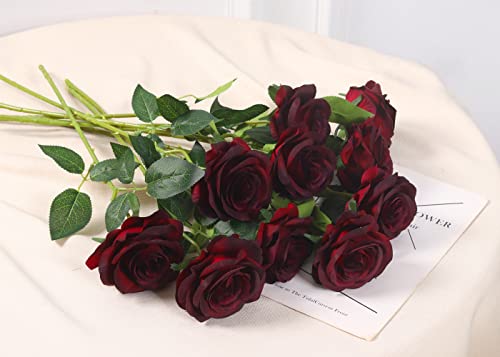 Laelfe 12 PCS Artificial Flowers Roses Silk Flowers Fake Long Stem Artificial Roses for Home Wedding Bathroom Kitchen Decorations (Wine Red) - color: Wine Red